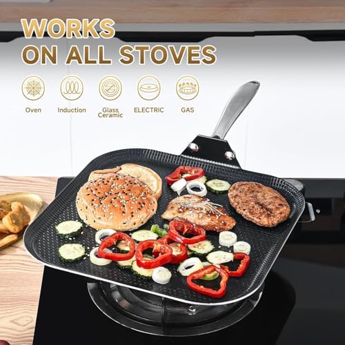 LOLYKITCH 11'' Nonstick Square Griddle Pan | Riveted Handle | PFOA Free