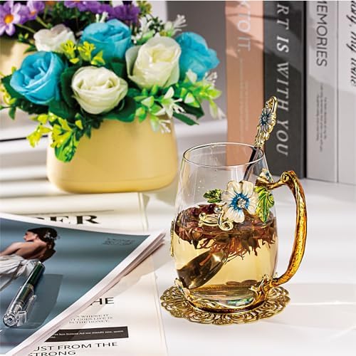 Flower Tea Cup,Butterfly Daisy Glass Fancy Coffee Mug with Spoon,Gift Box for Her Mom Wife Grandma Girls Friends Valentines Christmas Birthday Present Idea for Juice,Hot/Cold Drinks Use