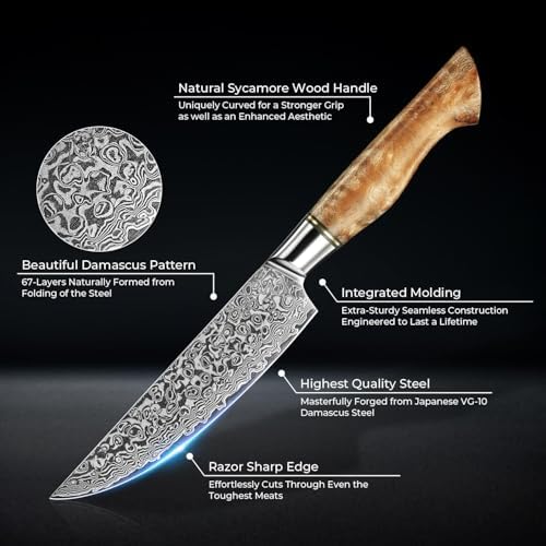 SENKEN 6-Piece Damascus Steel Steak Knife Set - Non-Serrated Steak Knives with Sycamore Wood Handles - The Dynasty Collection - 67-Layer Japanese VG10 Steel (6-Piece Steak Knife Set)