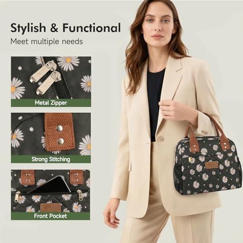 HOMESPON Insulated Lunch Bag for Women Men, Cooler Tote Box, Black Daisy