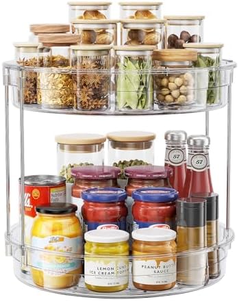 LAMU 12inch 2 Tier Lazy Susan Turntable Organizer Rotating Spice Rack Organization for Cabinet, Kitchen, Pantry, Countertop, Bathroom, Vanity, Medicine Cabinet Organizer, Clear