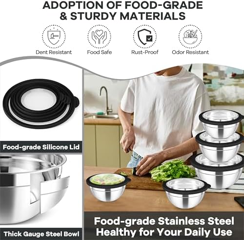 TeamFar Mixing Bowls Set, Stainless Steel Salad Bowl with Lids, Black