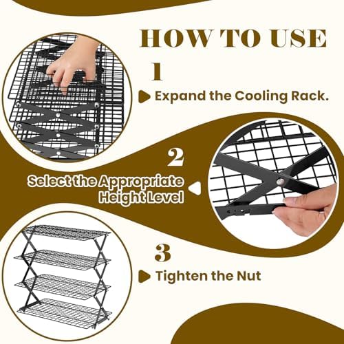 BEWOS 4 Tier Collapsible Cooling Rack - Adjustable Black Stainless Steel Baking Rack with Mesh Leak Proof, Foldable X-Shaped Structure Cooling Racks for Cooking and Baking, Dishwasher Safe