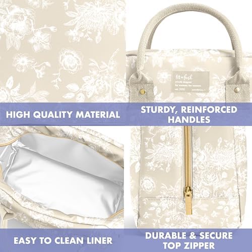 Fit & Fresh Bloomington Lunch Bag for Women - Insulated Large Lunch Box for Work with Containers, Leak-Resistant, Stain-Resistant, Zipper Closure, Tan Toile