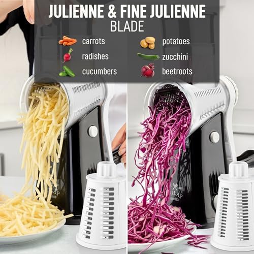 Rotary Cheese Grater Manual Hand Crank 5 Blade Shredder, White & Black
