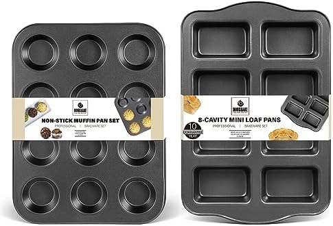 HONGBAKE Nonstick Muffin Pan 12 Cup and Mini Loaf Pans 8 Cavity, Cupcake Tin for Baking and Small Banana Bread Tray - Grey
