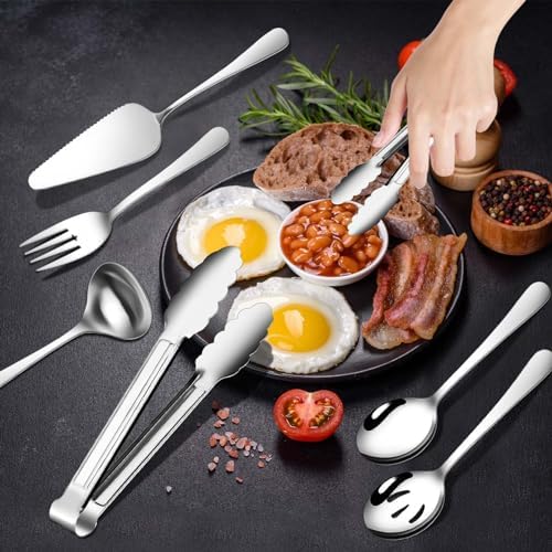 Gisly 12-Piece Serving Set - Large Spoons, Forks, Tongs, Ladle, Cake Server & Appetizer Tongs for Buffet Catering, Dishwasher Safe