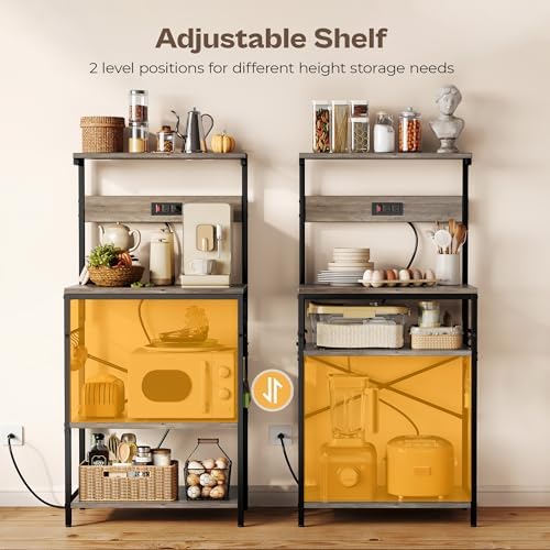 SUPERJARE Kitchen Bakers Rack with Power Outlet, Coffee Bar Table 4 Tiers, Kitchen Microwave Stand with 6 S-shaped Hooks, Kitchen Storage Shelf Rack for Spices, Pots and Pans - Greige
