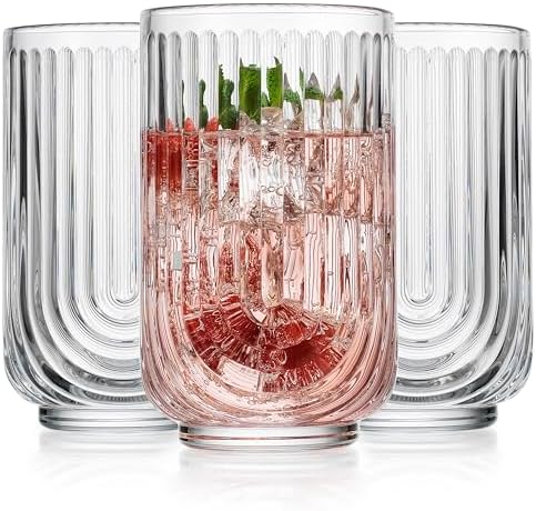 Glaver's Drinking Glasses Set of 8. 17oz Vintage Drinking Cups. Ripple Cocktail Glasses, Ribbed Drinking Highball Glass Cups. Arch Designed Art Deco Glassware for Water Juice Coffee. Package may Vary