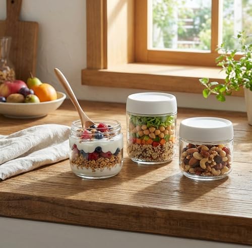3Pack Overnight Oats Containers with Lids,10oz Glass Jar with Scew Lid,Salad Dressing Fruit Veggies Sauce Snacks Meal Prep Food Containers,Spice Jars,Wide Mouth Storage Containers