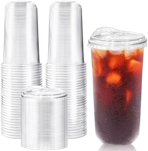 50 Pack 20 oz Clear Plastic Iced Coffee Cups with Strawless Sip Lids