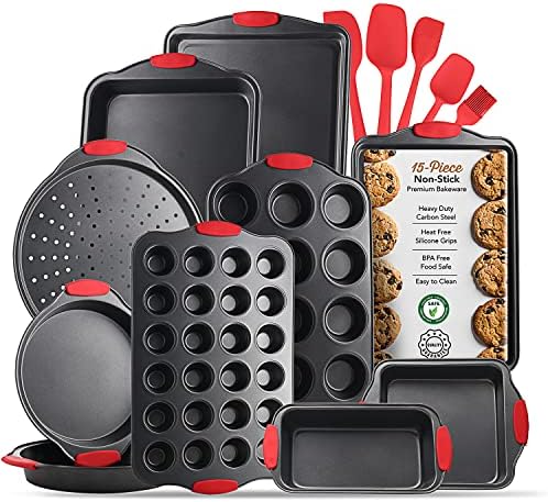 Eatex Nonstick Baking Sheet Set, 15-Piece Baking Pans Set with Silicone Handles, Carbon Steel Cookie Sheets for Baking, Commercial Grade Quality Bakeware Sets Includes Muffin Pan, Cake Pan and More