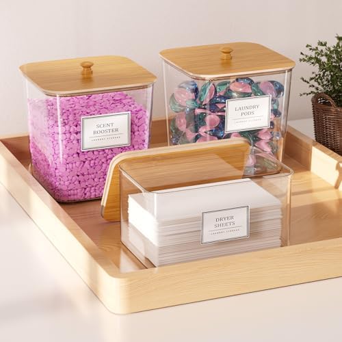 HomePekite Laundry Pods Storage Container, Clear Acrylic Laundry Room Organization and Storage ,Detergent Powder Container,with Wooden Lids & Labels, 4 Pack