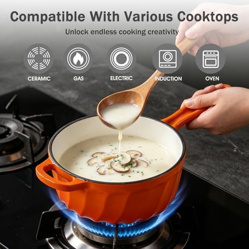 Enameled Cast Iron Sauce Pan with Lid, 2 Quart Saucepan with Lid
