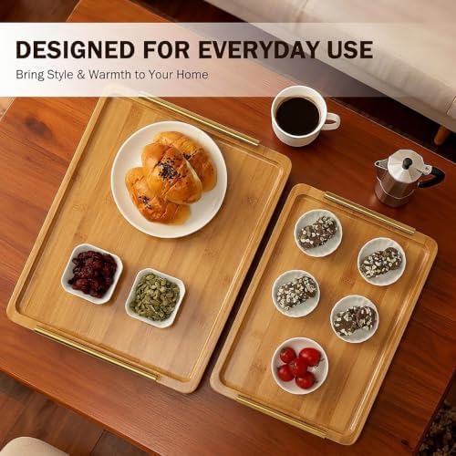 PEKER Wooden Serving Tray with Metal Handles, Black Decorative Coffee Table Tray for Breakfast in Bed, Ottoman & Home Décor, Wooden Food Tray for Kitchen