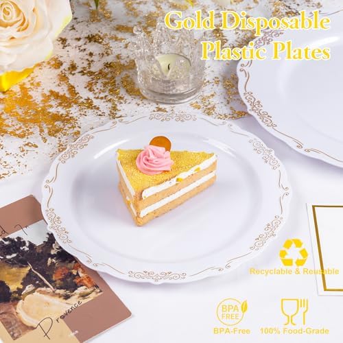 U-QE 100PCS Gold Plates Disposable - Heavy Duty White and Gold Plates