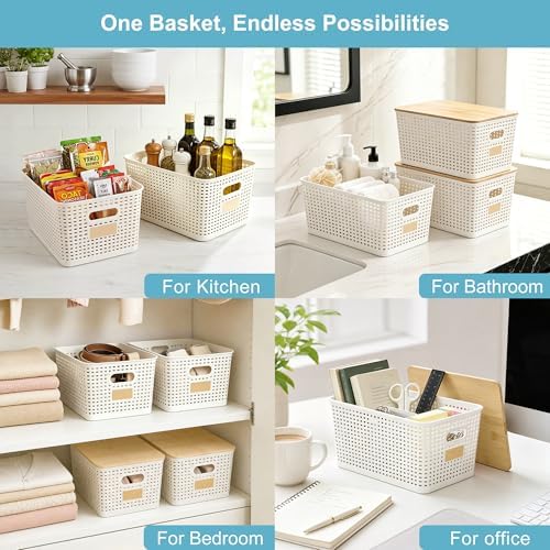 Bagnizer 2 Pack Tall Plastic Storage Bins with Bamboo Lids, 10.8qt Stackable Storages Baskets for Organizing Desktop Closet Playroom Classroom Office, 12"L x 8.3"W x 6.1"H, Cream White