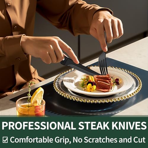 EWFEN 24-Piece Black Silverware Set with Steak Knives, Black Flatware Set for 4, Food-Grade Stainless Steel Tableware Cutlery Set, Mirror Finished Utensil Sets for Home Restaurant, Long Edge