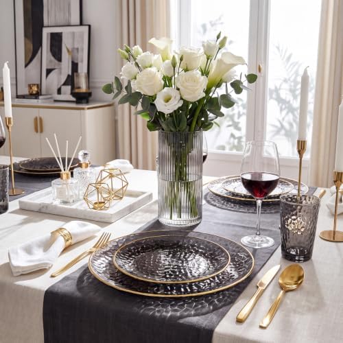 Rubtlamp 60Pcs Black Plastic Plates, Black Disposable Plates With Gold Rim, Clear Heavy-duty Party Plates, Hammered Plastic plates Include 30 Dessert Platos, 30 Dinner Platos for Party