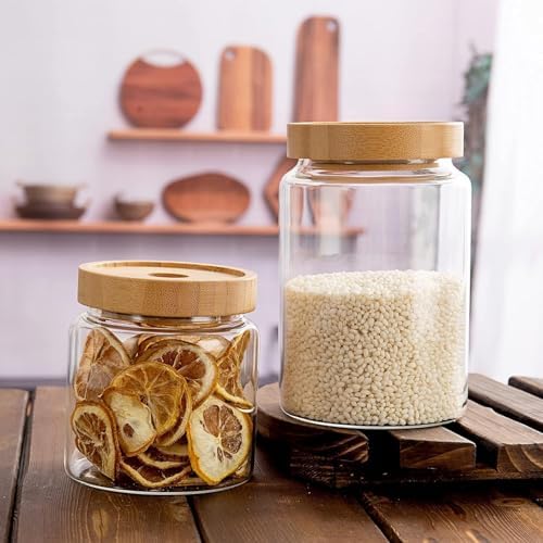 3 Pack 1200 ml / 42 oz clear cute glass storage canister holder with airtight bamboo lid, modern decorative small container jar for coffee, spice, candy, salt, cookie, condiment, pepper, sugar