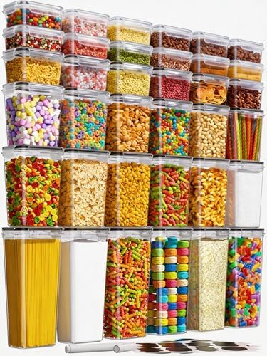 KEMETHY 36 PCS Airtight Food Storage Containers with Lids, Kitchen Pantry Organization and Storage, BPA-Free Plastic Scale Food Canisters for Cereal, Flour, Sugar, Dry Food, Include Labels & Marker