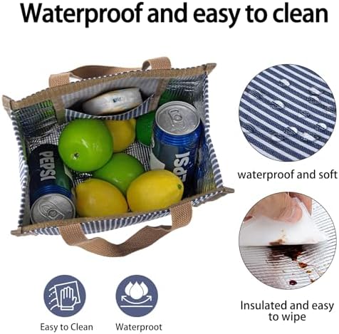 Insulated Lunch Bag for Work, 10.2"x5.9"x10.2" Oxford Waterproof Lunch Tote, Thermal Lunch Box for Office, Picnic & Outdoor, Blue and White Striped Canvas Tote Bag