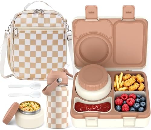 Kids Bento Lunch Box with Food Jar, Water Bottle, Lunch Bag, Plaid