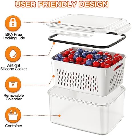 8-Pack Fruit Storage Containers for Fridge, Leakproof Fruit Containers for Fridge with Colanders, BPA-Free Produce Storage Containers with Lids Keep Fruits, Vegetables, Berry, Meat Fresh longer