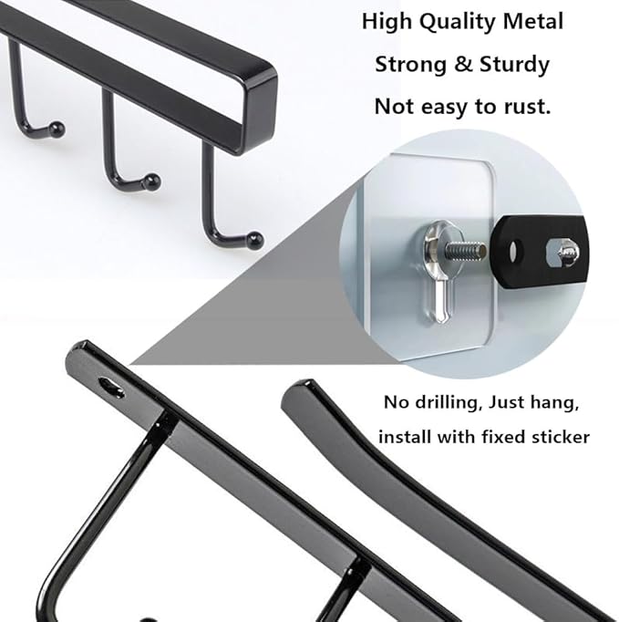2 Pack Storage Mug Hooks Rack Under Cabinet Each with Fixed Sticker, 6 Hooks Cup Holder Hanger, Ties Belts Scarf Hanging Hook Rack, Mug Hook Hanger Under Shelf Without Drilling Kitchen Utensil Hanger