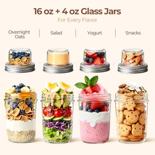 ComSaf Overnight Oats Containers with Lids, 16 oz Glass Mason Jars, 2 Pack
