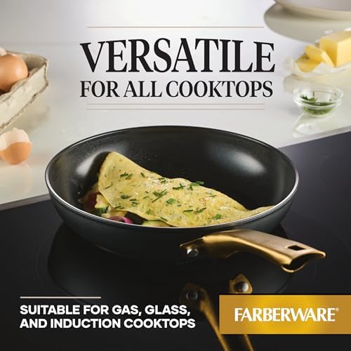 Farberware Forged Induction Ceramic Cookware Nonstick Frying Pan/Skillet, Dishwasher Safe, Suitable for All Stovetops, 10 Inch Fry Pan - Black and Gold