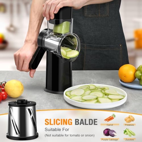 Ibergrif Rotary Cheese Grater Hand Crank– Manual Vegetable Slicer Mandoline with Foldable Handle, Rotary Grader with 3 Interchangeable Blades, Manual Cheese Shredder with Suction Base