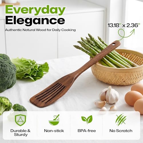 AIUHI Teak Wood Slotted Wok Spatula, Extra Long Wooden Turner for Stir-Frying, Non-Stick Safe Slotted Spatula with Hanging Hole, Ideal for Daily Cooking