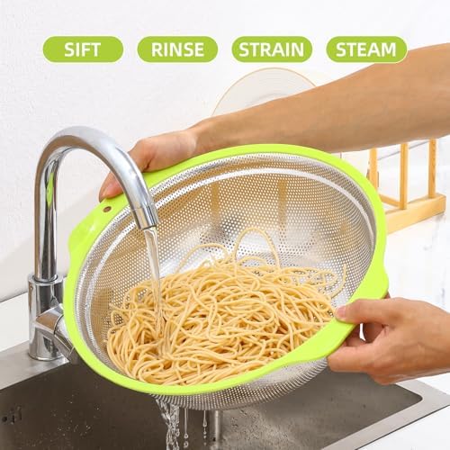 Colander Stainless Steel Microporous, 2QT Rice Strainer with Mixing Bowl, Rice Washer Bowl Set with Handle, Food-Grade Strainers and Colanders for Kitchen, Pasta, Fruit, Dishwasher Safe