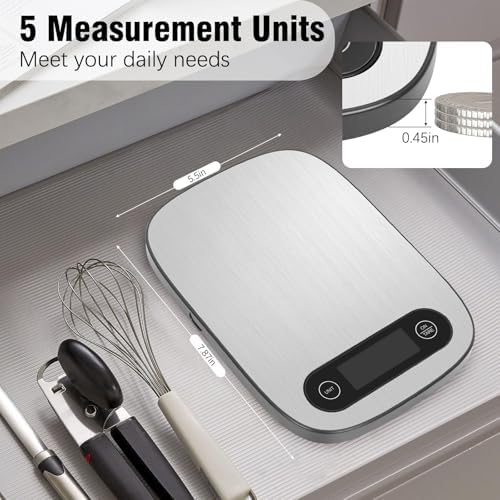 Food Scale, 11lb Kitchen Scale with 6 Units Tare Function & Backlit LCD, Precise 1g Stainless Steel Digital Scale, Hanging Design for Baking, Cooking, Healthy Eating and Meal Prep (Batteries Included)