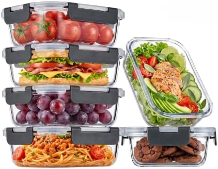 6-Pack 22oz Glass Meal Prep Containers with Lids, Airtight Leakproof Snap Lock Food Storage, Freezer, Microwave, Oven & Dishwasher Safe Bento Boxes for Meal Prepping, Grey