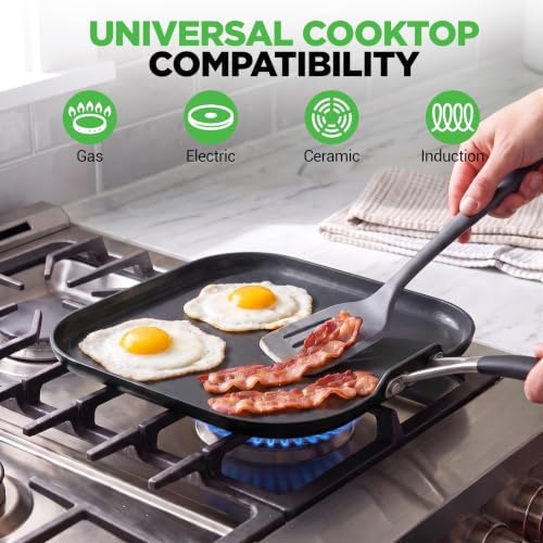 NutriChef 11-Inch Square Griddle Pan | Nonstick with Induction Base