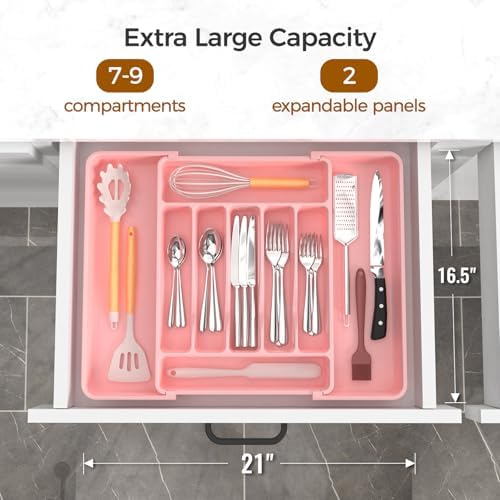 ukeetap Extra Large Expandable Silverware Organizer, Flatware Tray, Pink