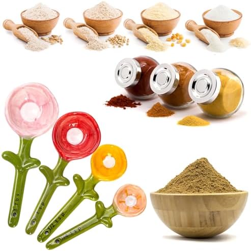 Coloch 5Pcs Ceramic Measuring Spoons and Cup, Flower Baking Scale Spoons with Base Set for Dry and Liquid Ingredient, 1/4 tsp, 1/2 tsp, 1 tsp, 1 Tbsp