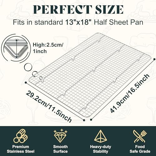 Cooling Racks for Cooking and Baking - 11.5"x16.5" Oven Safe Premium Stainless Steel Heavy Duty Baking Rack Tight-Wire, Fits Half Sheet Pan for Roasting & Grilling & Cooking - Set of 2