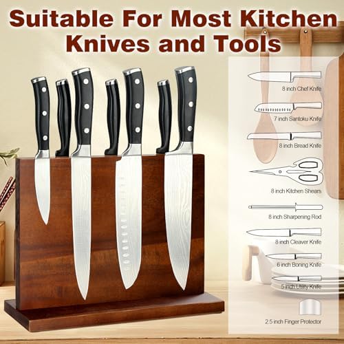 Magnetic Knife Block Double Sided Magnetic Knife Holder Rack with Strong Enhanced Magnets Acacia Wood Magnetic Knife Storage Stand-Dark Brown