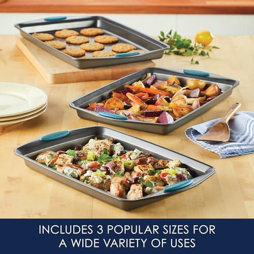 Rachael Ray Nonstick Bakeware Cookie Pan Set, Baking Sheets, 3-Piece, Gray