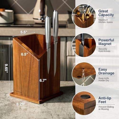 Gourmetop Magnetic Knife Holder, Double-Sided Acacia Wood Knife Block