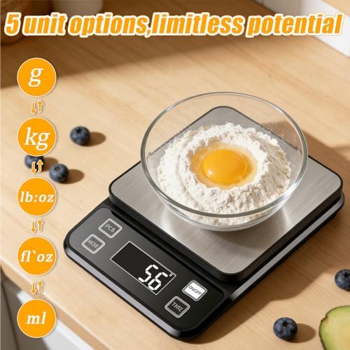 Waterproof Kitchen Scale, 5kg/11lb Food Scale Precisely Measures Grams and Ounces for Baking and Cooking, Stainless Stee Digital Scale with LCD Display Backlight for Food