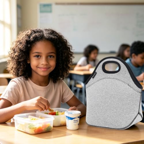 FlowFly Neoprene kids Lunch box Insulated Soft Bag Mini Cooler Thermal Meal Tote Kit for Boys, Girls,Men,Women,School,Work, Office, Grey