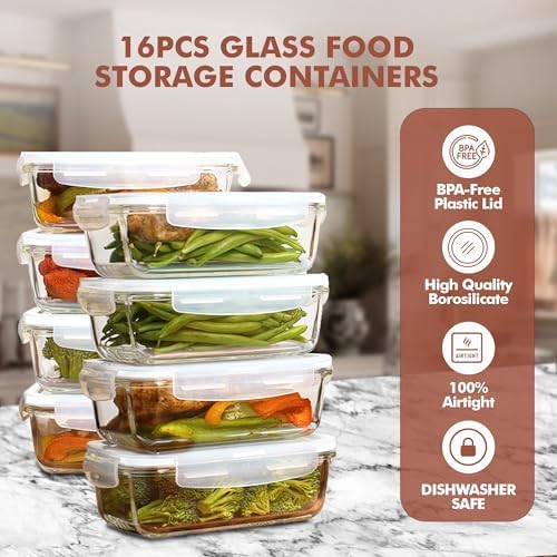 Razab 16 Pc (Set of 8) 30 Oz Glass Meal Prep Containers with Lids, Airtight Large Glass Food Storage Containers, Reusable Leak Proof BPA Free, Freezer to Oven and Dishwasher Safe