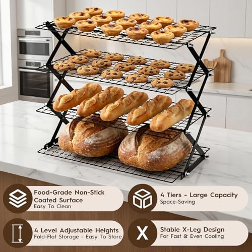 4 Tier Collapsible Cooling Rack - Upgraded Adjustable Heavy Duty Cooling Rack with 4 Setting Stackable Design - Space-Saving Folding Wire Bread Cookie Racks Cooling Baking Gifts for Women Black