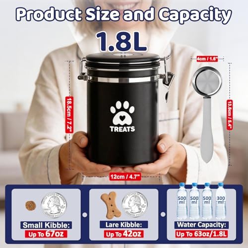 ENONCI Airtight Dog Treat Canister, 304 Stainless Steel Food Storage Jar with Date Dial Black-1.8L