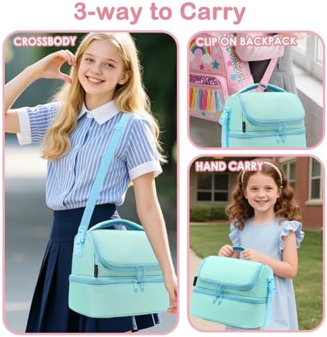 FlowFly Double Decker Cooler Insulated Lunch Bag Large Tote for Boys, Girls, Men, Women, With Adjustable Strap,Light Blue
