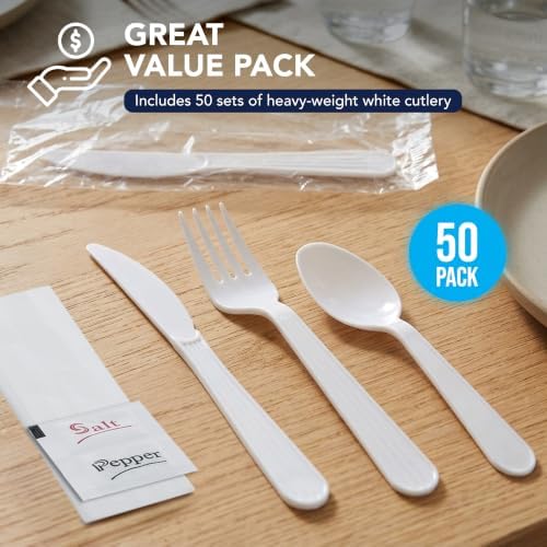 Party Essentials Individually Wrapped Plastic Cutlery Packets/Heavy Duty Silverware Kits, Fork/Spoon/Knife/Napkin/Salt/Pepper, 50 Utensils Sets, White